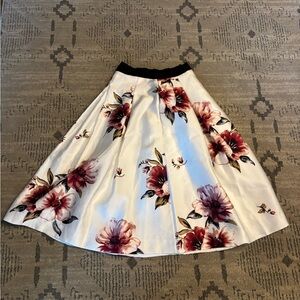 White House Black Market White Floral Circle Skirt with Black Waistband
